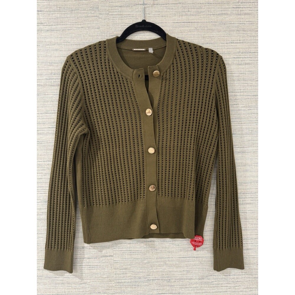 Elie Tahari Runway Designer Olive Pointelle Knit Cardigan Gold Button Sweater M